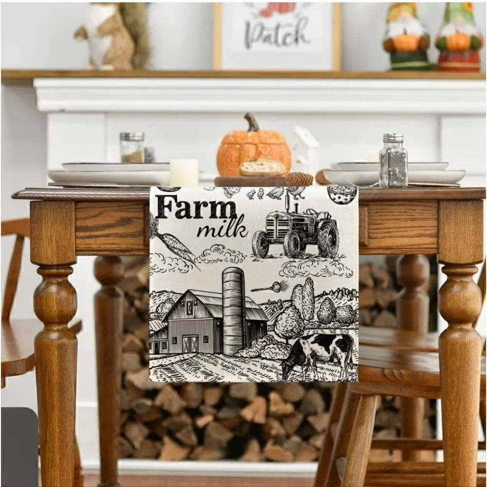 Tractor Milk Farm Table Runner, Cow House Fall Kitchen Dining Table Decoration